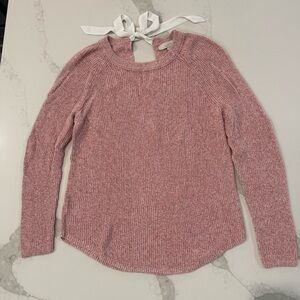 Loft Knit Crewneck Sweater Keyhole Tie-Back Ribbon Bow Detail Womens Large Pink
